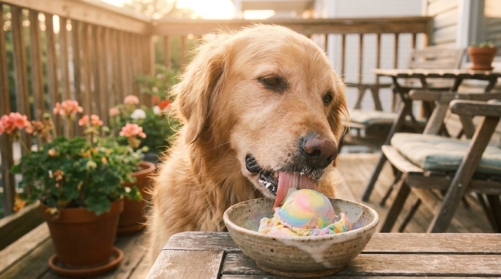 Golden Retriever leckt selbstgemachtes veganes Hundeeis aus einer Keramikschale auf einem sonnigen Balkon