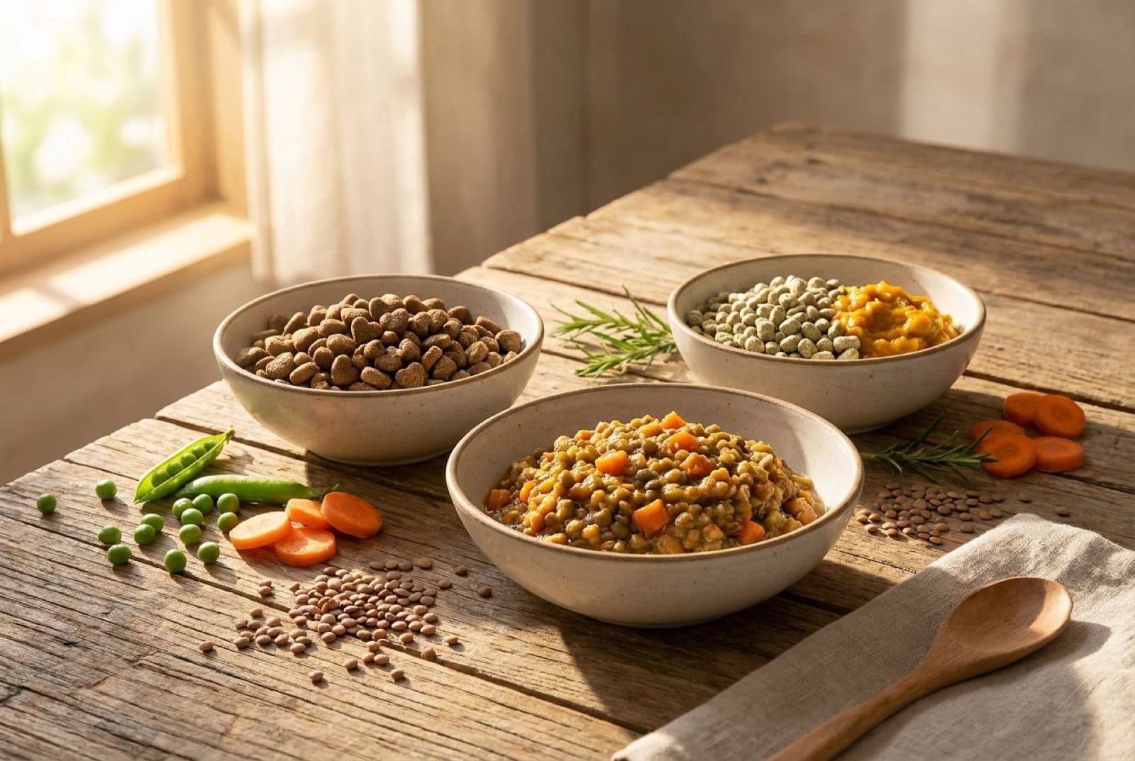 Mehrere Sorten veganes Hundefutter nebeneinander mit Erbsen, Karotten und Linsen