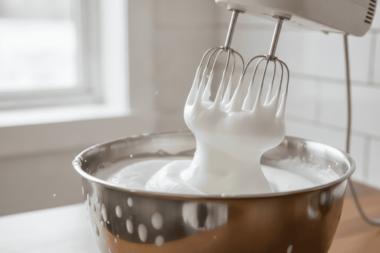 Aquafaba wird mit dem Handmixer zu steifem Schaum geschlagen