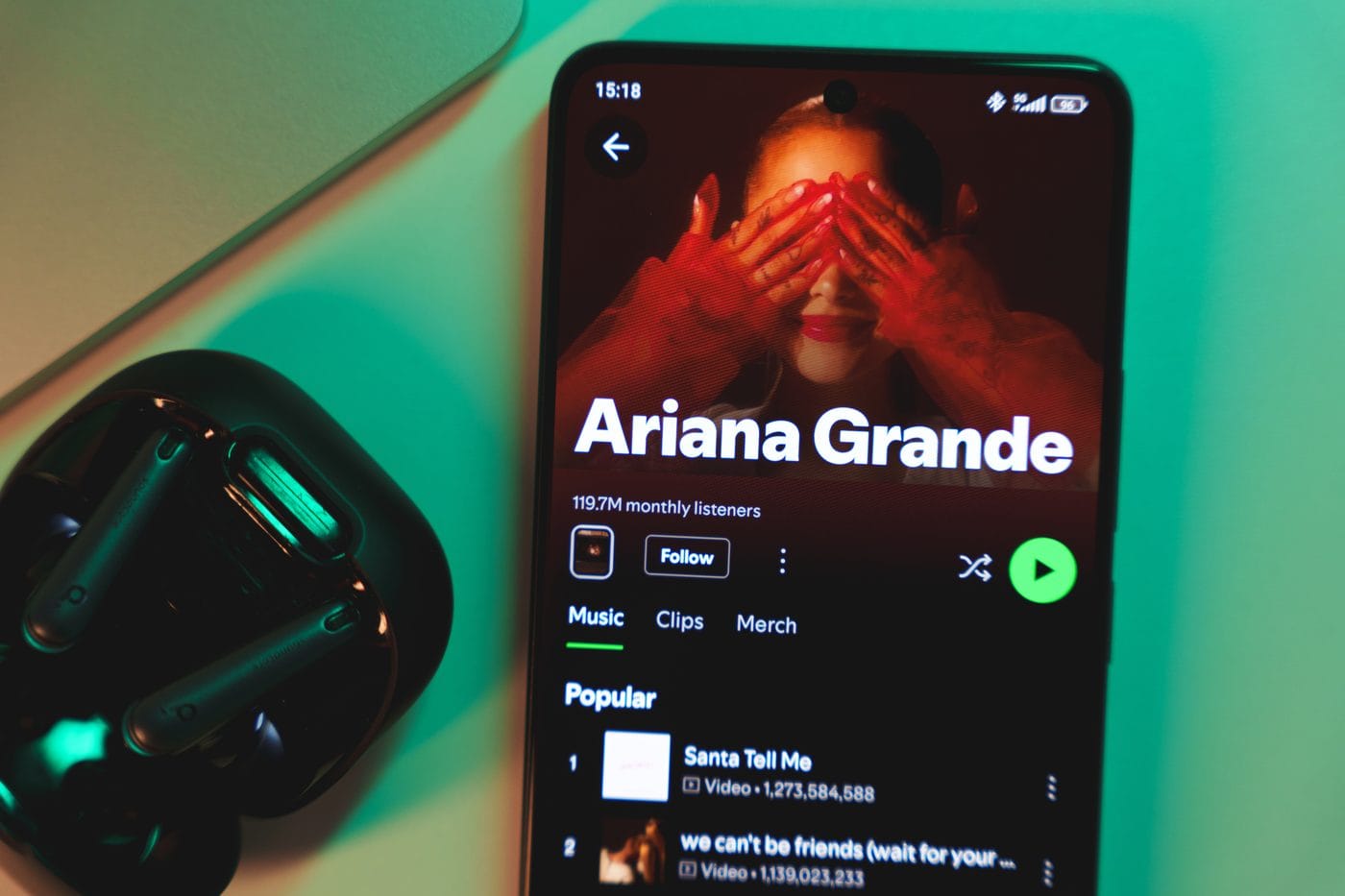 Ariana Grande artist page on Spotify with 119.7 million monthly listeners