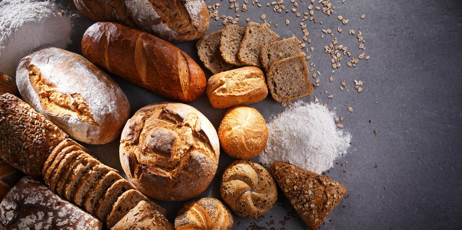 Assorted fresh bread and rolls from a bakery