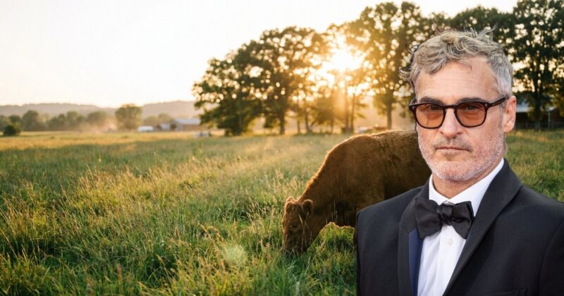 Joaquin Phoenix at a farm sanctuary meadow