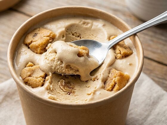 Geöffneter veganer Eisbecher mit Löffel, cremiges Eis mit Cookie-Stücken