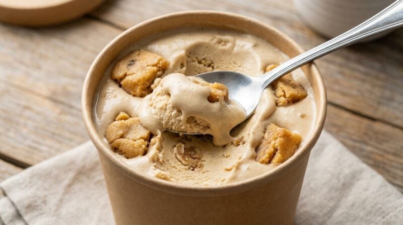 Geöffneter veganer Eisbecher mit Löffel, cremiges Eis mit Cookie-Stücken