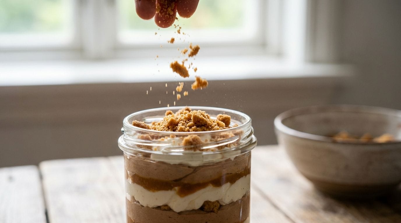 Karamellkeks-Crumble wird über ein veganes Dessert gestreut