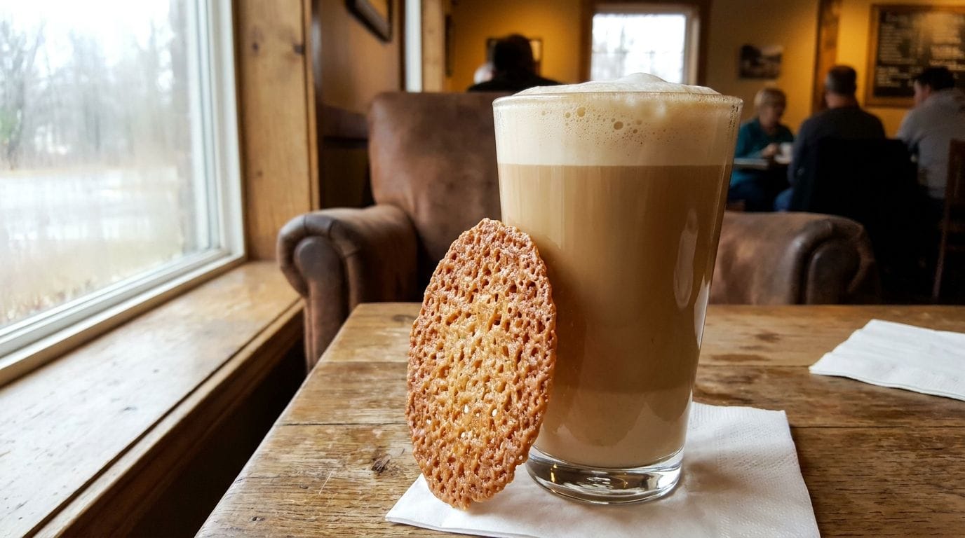 Karamellkeks lehnt an einem Latte-Glas mit Haferschaum