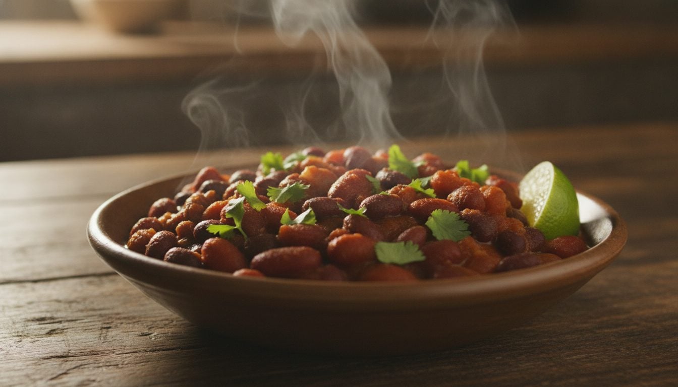 Steaming plate of bean chili garnished with cilantro and lime