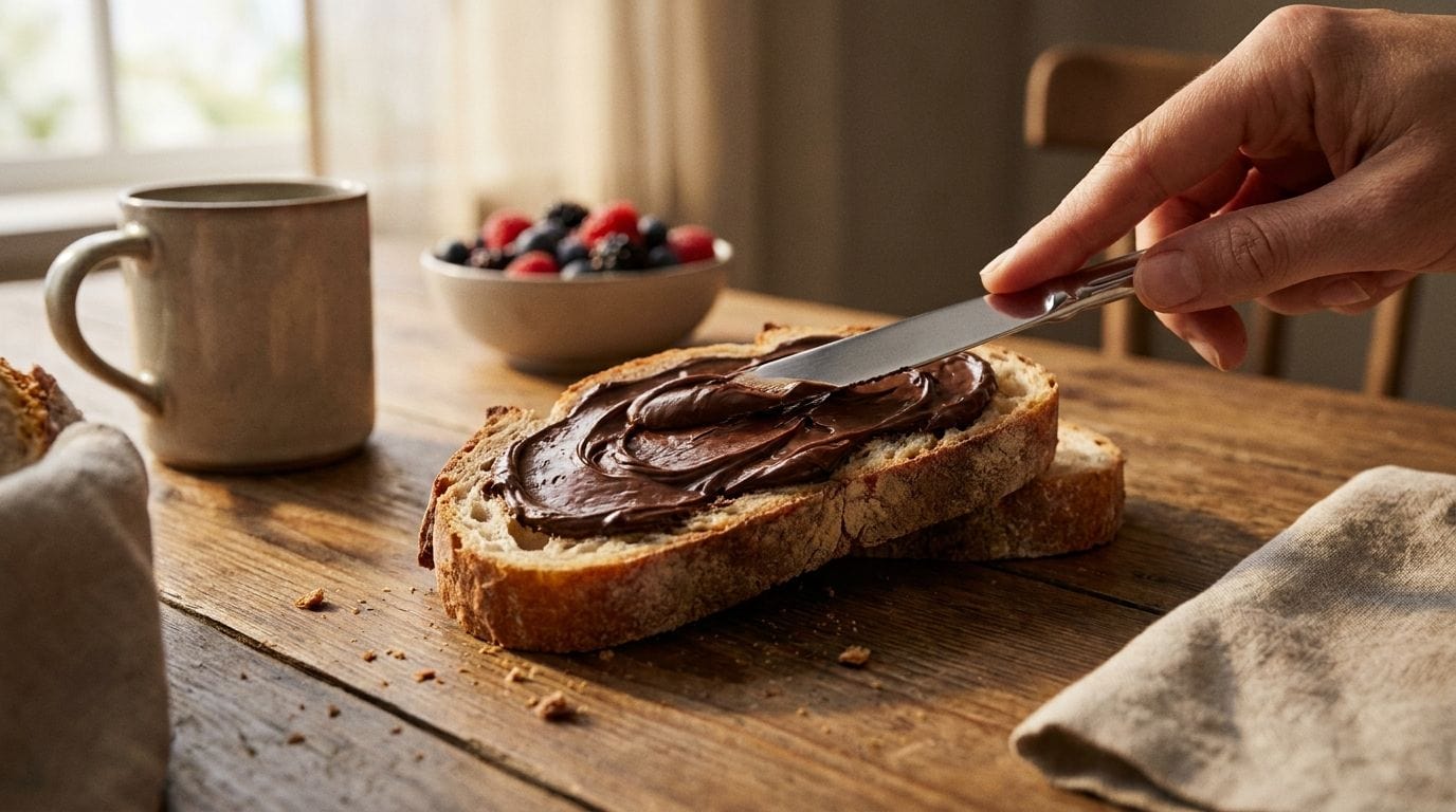 Hand bestreicht eine Scheibe Brot mit veganer Schokocreme am Frühstückstisch