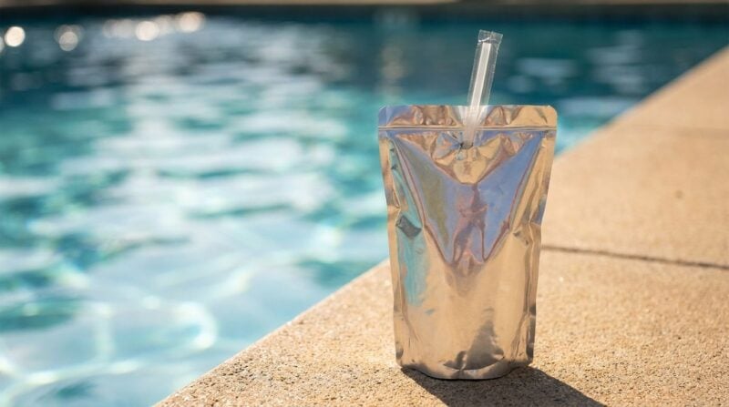 Silbernes Trinkpäckchen mit Strohhalm am Poolrand in der Sonne