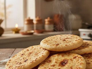 A stack of fresh chapati flatbreads on a cloth