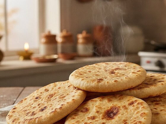 A stack of fresh chapati flatbreads on a cloth