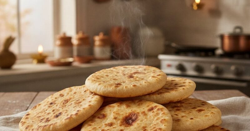 A stack of fresh chapati flatbreads on a cloth