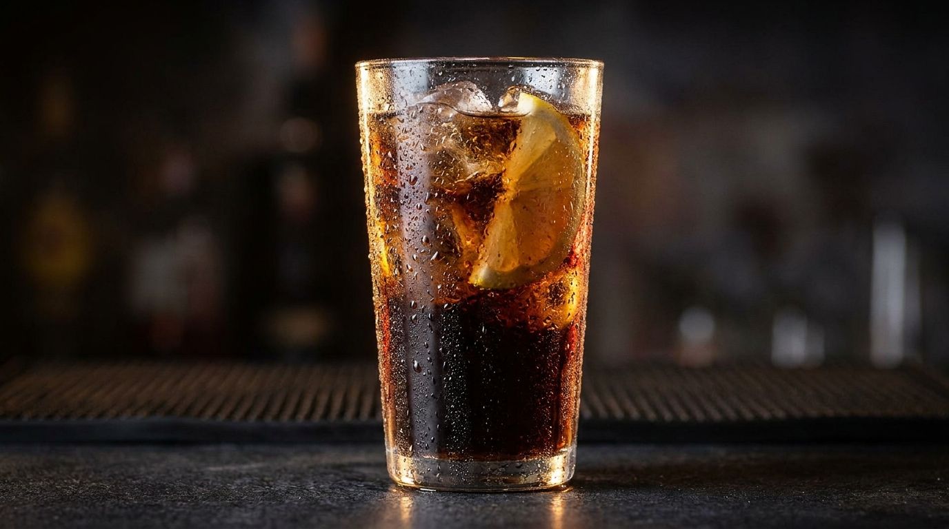 Ist Cola vegan: Glas Cola mit Eiswürfeln und Zitronenscheibe vor dunklem Hintergrund