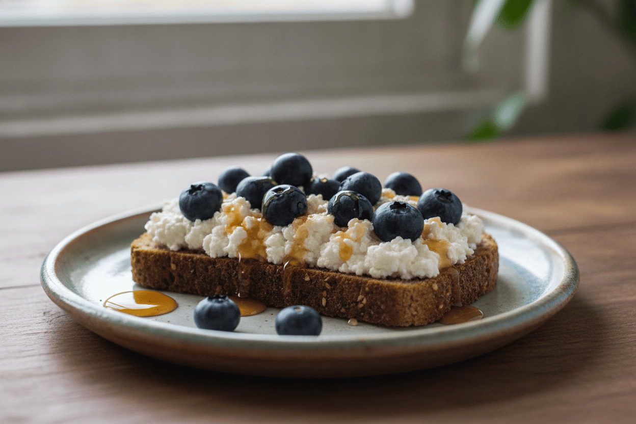 Veganer Cottage Cheese auf einer Scheibe Brot mit Beeren