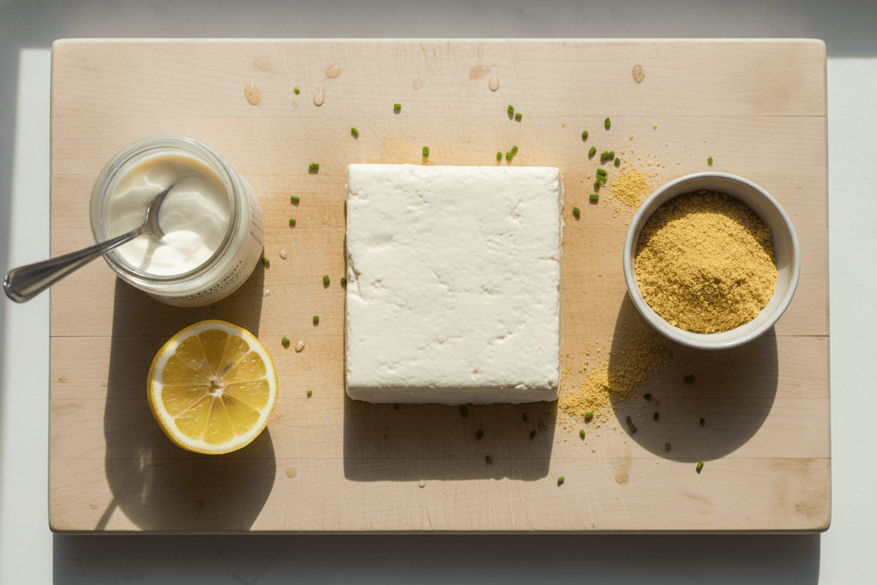 Zutaten für veganen Cottage Cheese: Tofu, pflanzlicher Joghurt und Zitrone