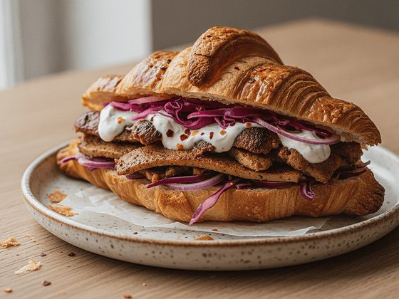 Veganes Döner Croissant mit knusprigen Sojastreifen, Rotkohl, roten Zwiebeln und Knoblauchsauce auf einem Keramikteller