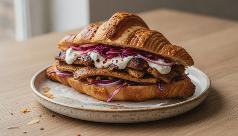 Veganes Döner Croissant mit knusprigen Sojastreifen, Rotkohl, roten Zwiebeln und Knoblauchsauce auf einem Keramikteller