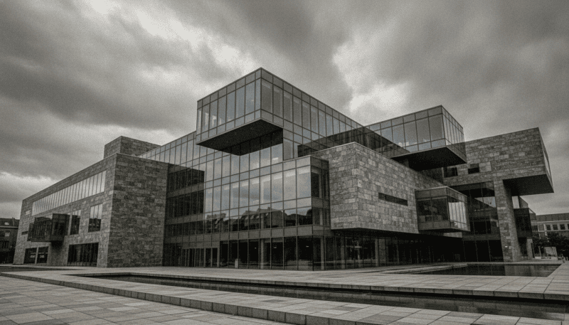 Modernes europäisches Gerichtsgebäude aus Glas und Stein unter bewölktem Himmel