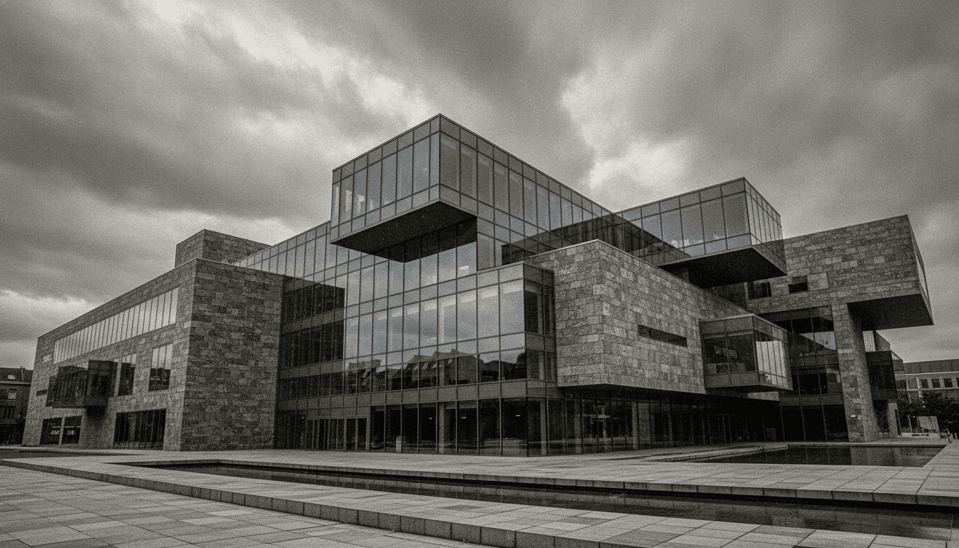 Modernes europäisches Gerichtsgebäude aus Glas und Stein unter bewölktem Himmel
