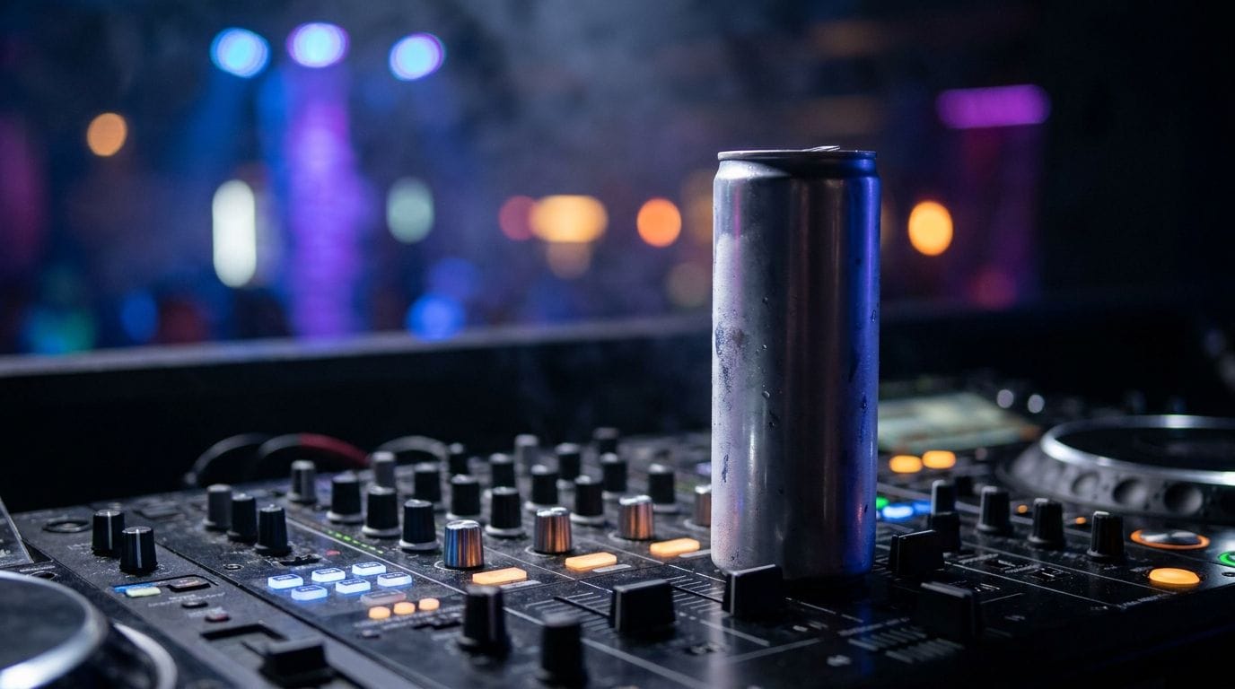 Energy-Drink-Dose steht auf einem DJ-Pult im bunten Club-Licht