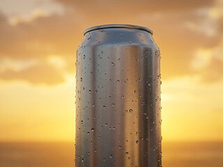 Schlanke silberne Energy-Drink-Dose mit Kondenswasser vor orangefarbenem Sonnenuntergang