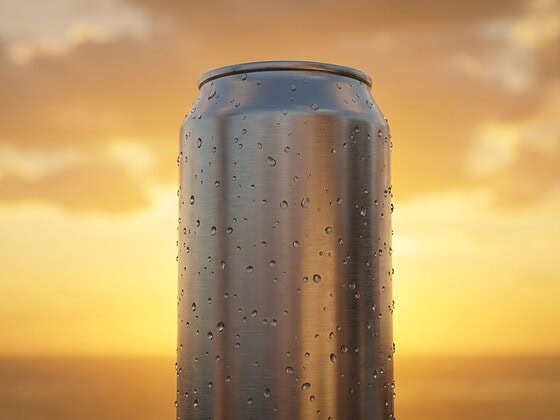 Schlanke silberne Energy-Drink-Dose mit Kondenswasser vor orangefarbenem Sonnenuntergang