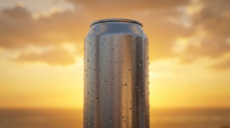Schlanke silberne Energy-Drink-Dose mit Kondenswasser vor orangefarbenem Sonnenuntergang