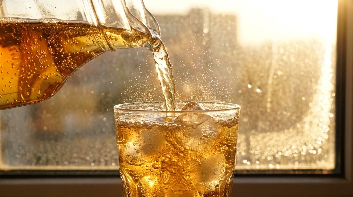 Goldener Energy-Drink wird sprudelnd über Eiswürfel in ein Glas gegossen