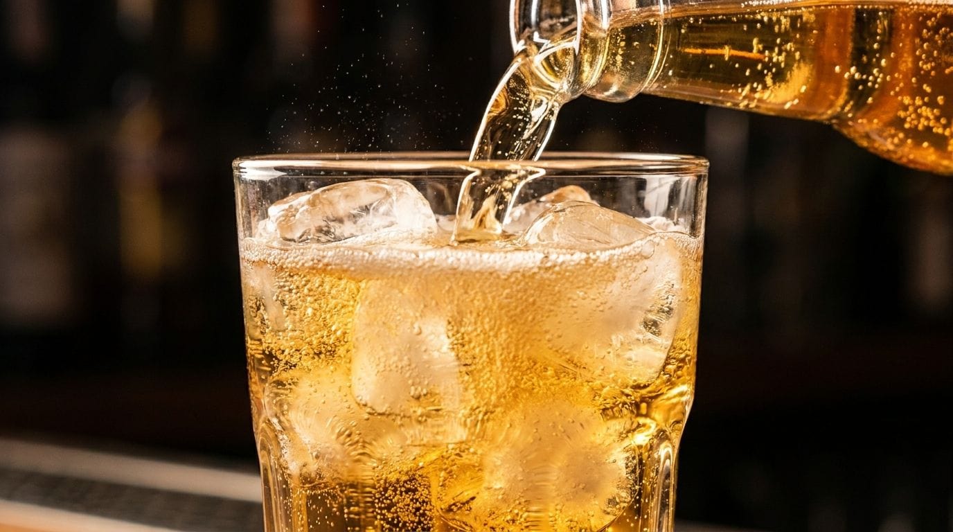 Energy-Drink wird in ein Glas mit Eiswürfeln gegossen, feine Sprudelblasen im Gegenlicht