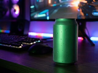 Grün leuchtende Energy-Drink-Dose mit Kondenswasser auf einem Schreibtisch vor einem Gaming-Setup