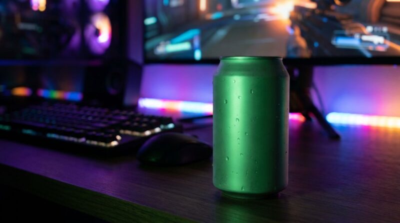 Grün leuchtende Energy-Drink-Dose mit Kondenswasser auf einem Schreibtisch vor einem Gaming-Setup