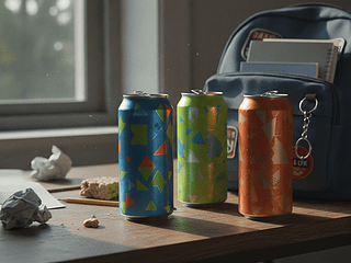 Energy-Drink-Dosen neben einem Schulranzen auf einem Tisch