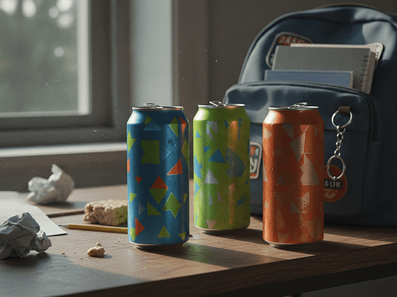 Energy-Drink-Dosen neben einem Schulranzen auf einem Tisch