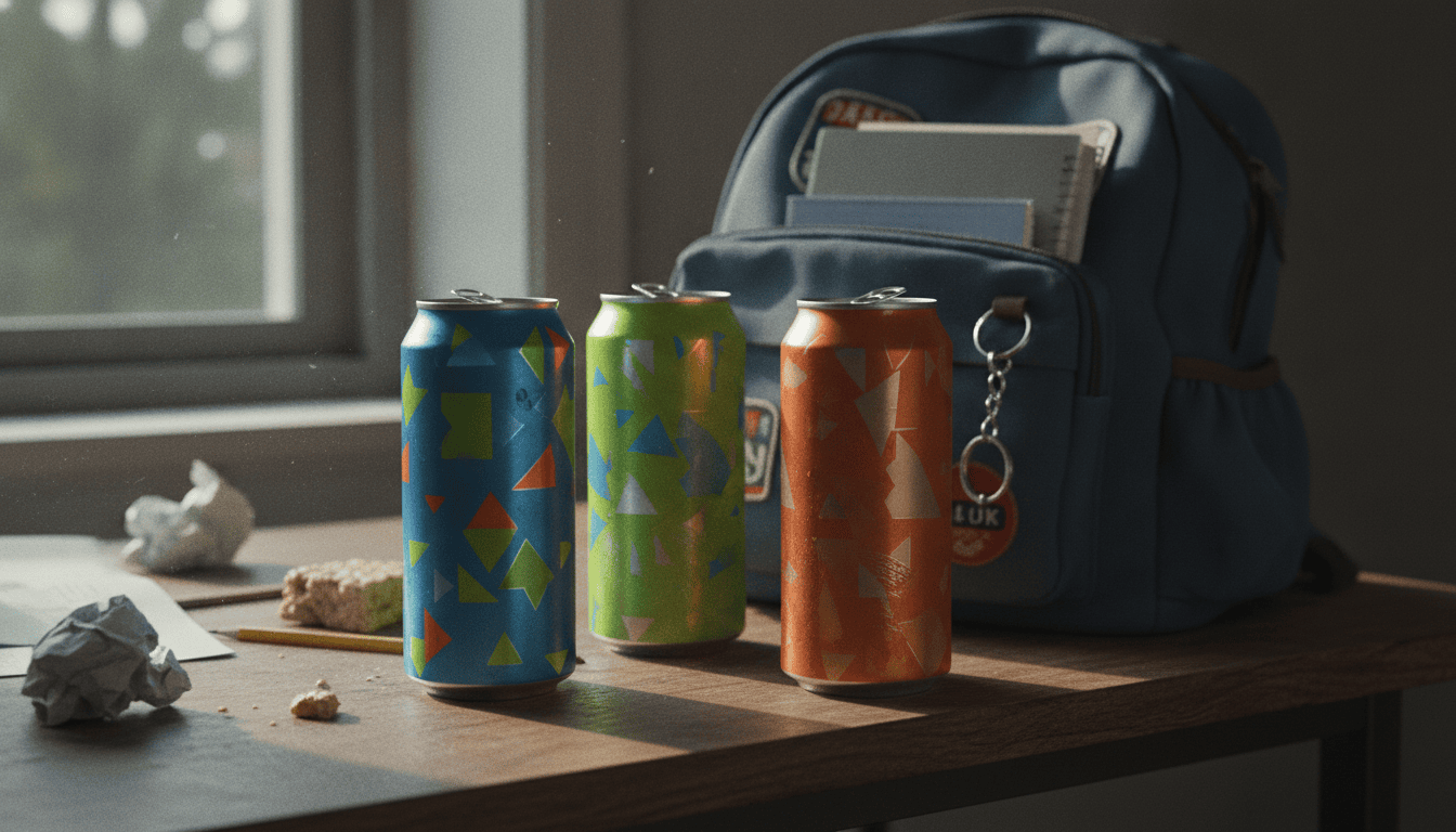 Energy-Drink-Dosen neben einem Schulranzen auf einem Tisch