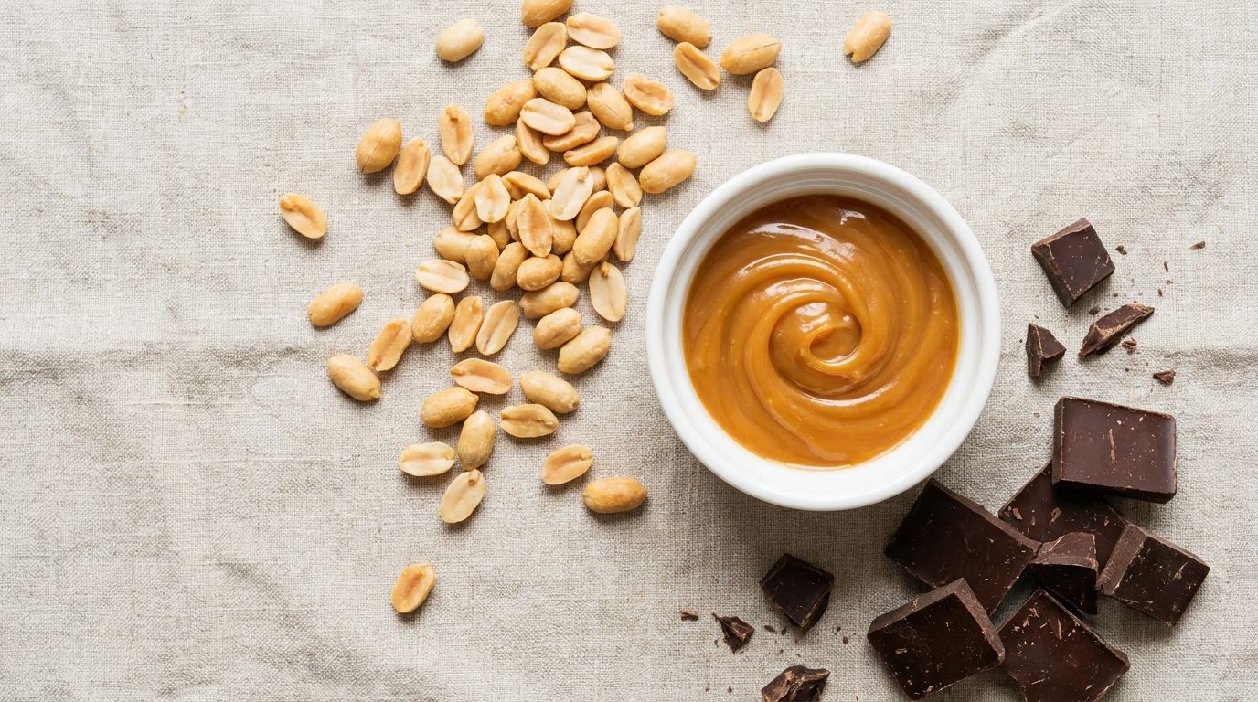 Flatlay mit Erdnüssen, flüssigem Karamell und Schokoladenstücken als Zutaten für vegane Riegel