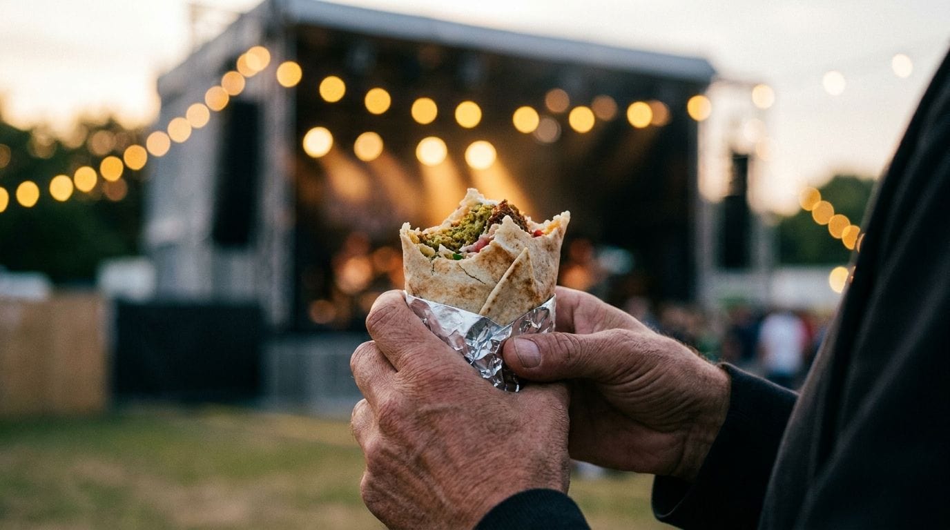 Hände halten einen Falafel-Wrap vor einer Festivalbühne im Abendlicht