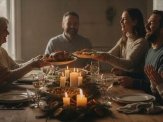 Familie sitzt gemeinsam an einem festlich gedeckten Tisch und teilt Essen