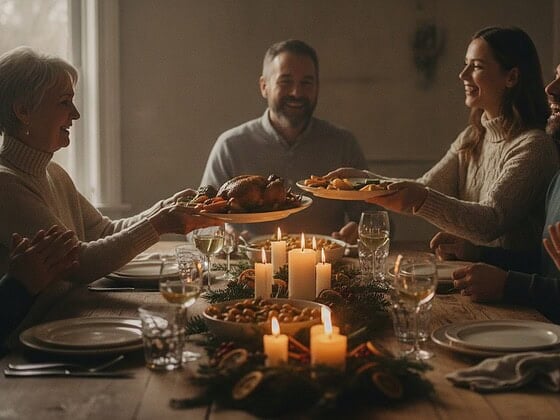 Familie sitzt gemeinsam an einem festlich gedeckten Tisch und teilt Essen
