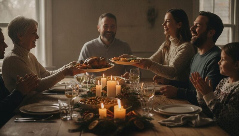 Familie sitzt gemeinsam an einem festlich gedeckten Tisch und teilt Essen