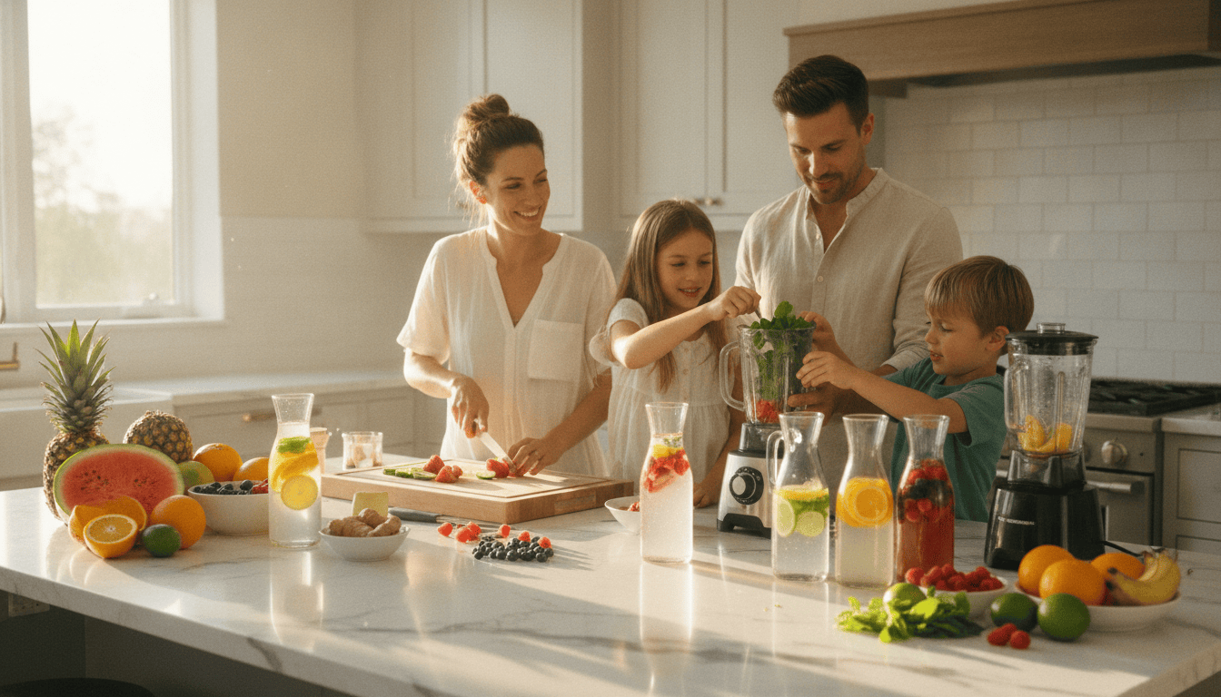 Familie in der Küche mit alternativen Getränken statt Energydrinks