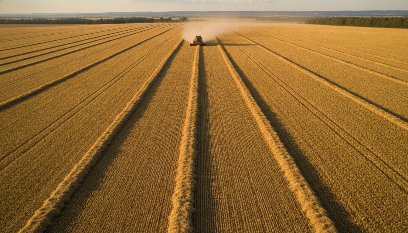 A wide field of grain grown as a monoculture at harvest