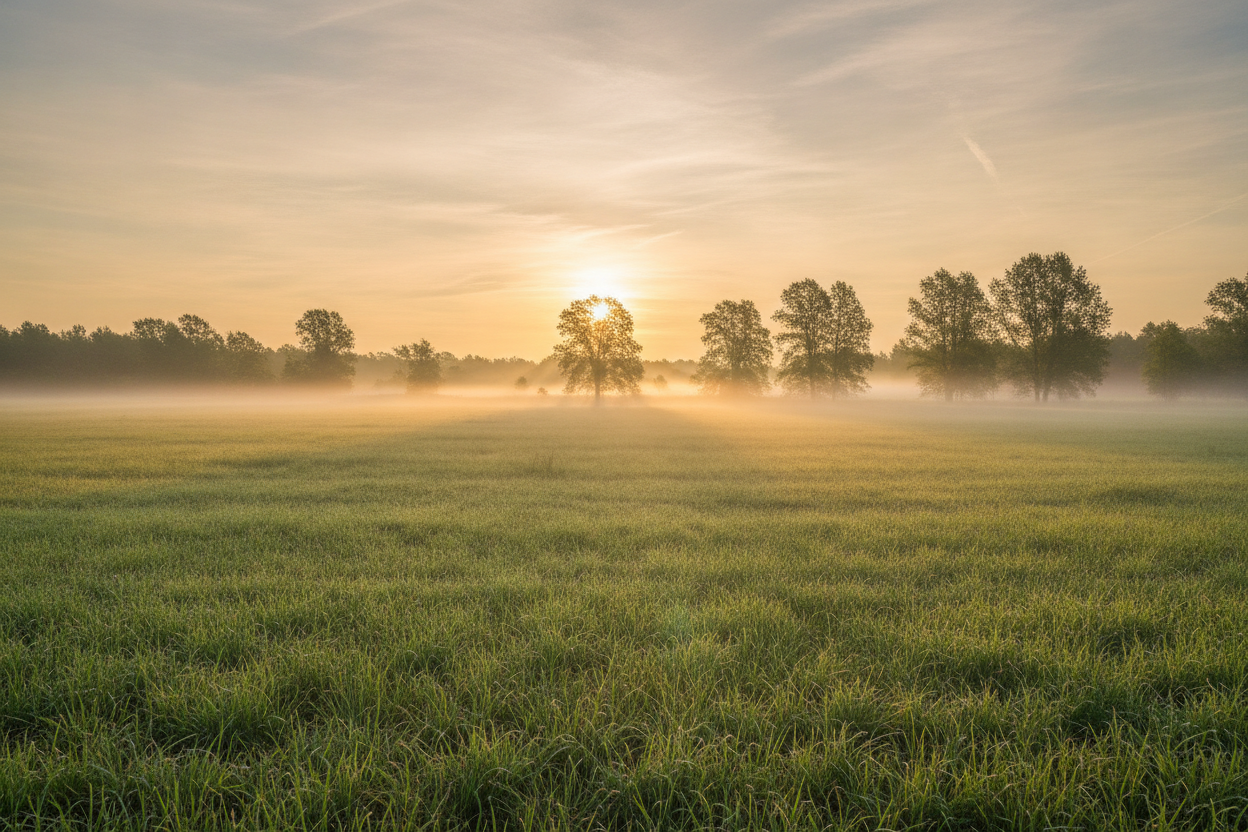 Weites Feld bei Sonnenaufgang mit sanftem Morgenlicht