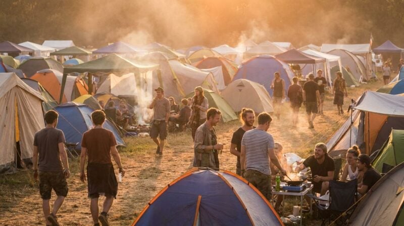 Festival-Campingplatz mit bunten Zelten in der goldenen Abendstunde