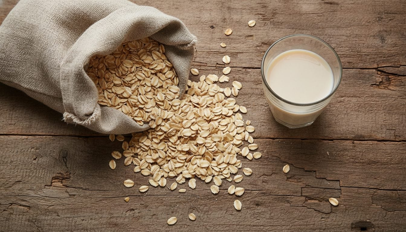 Oat grains and rolled oats on a wooden table, the raw material for oat drink