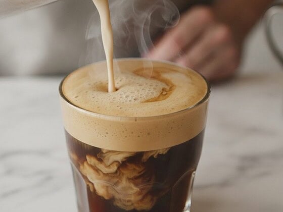 Cremiger Haferdrink wird in eine Tasse Kaffee gegossen und bildet feinen Schaum