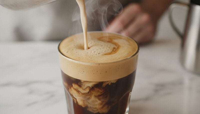Cremiger Haferdrink wird in eine Tasse Kaffee gegossen und bildet feinen Schaum