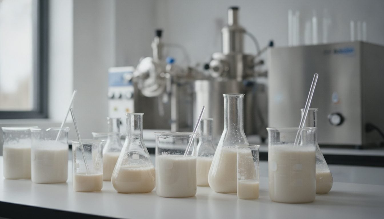 Symbolic image: beakers of oat drink in a food science lab