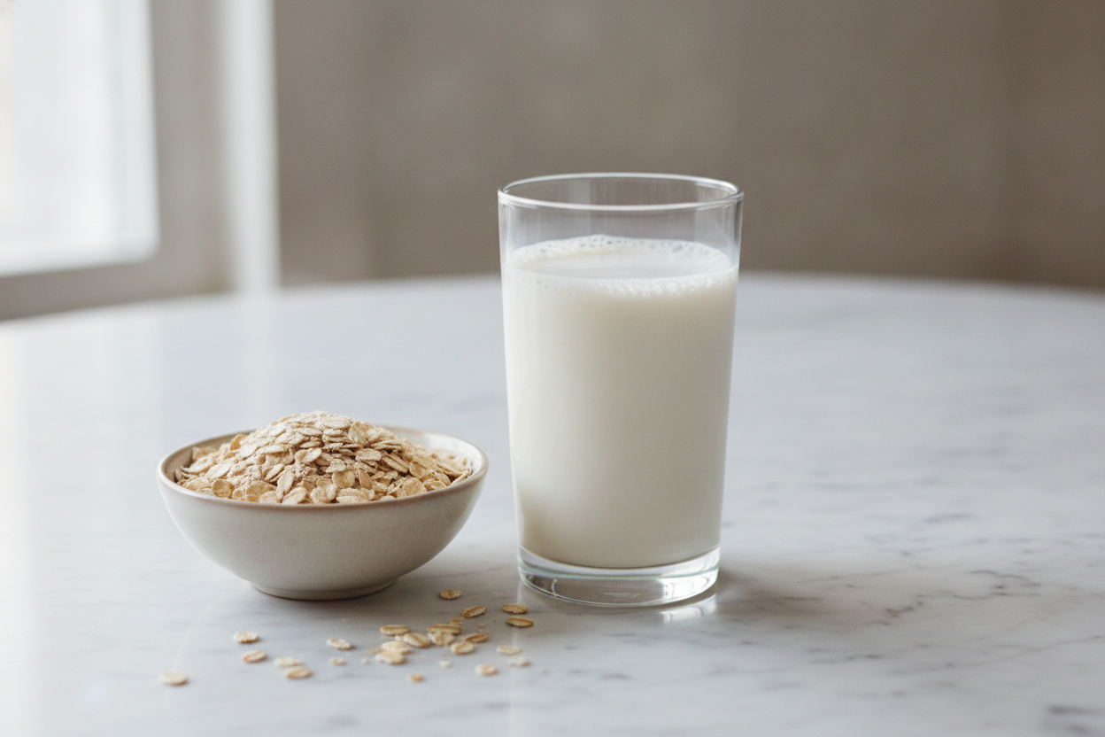 Glas Hafermilch neben Haferflocken auf hellem Untergrund