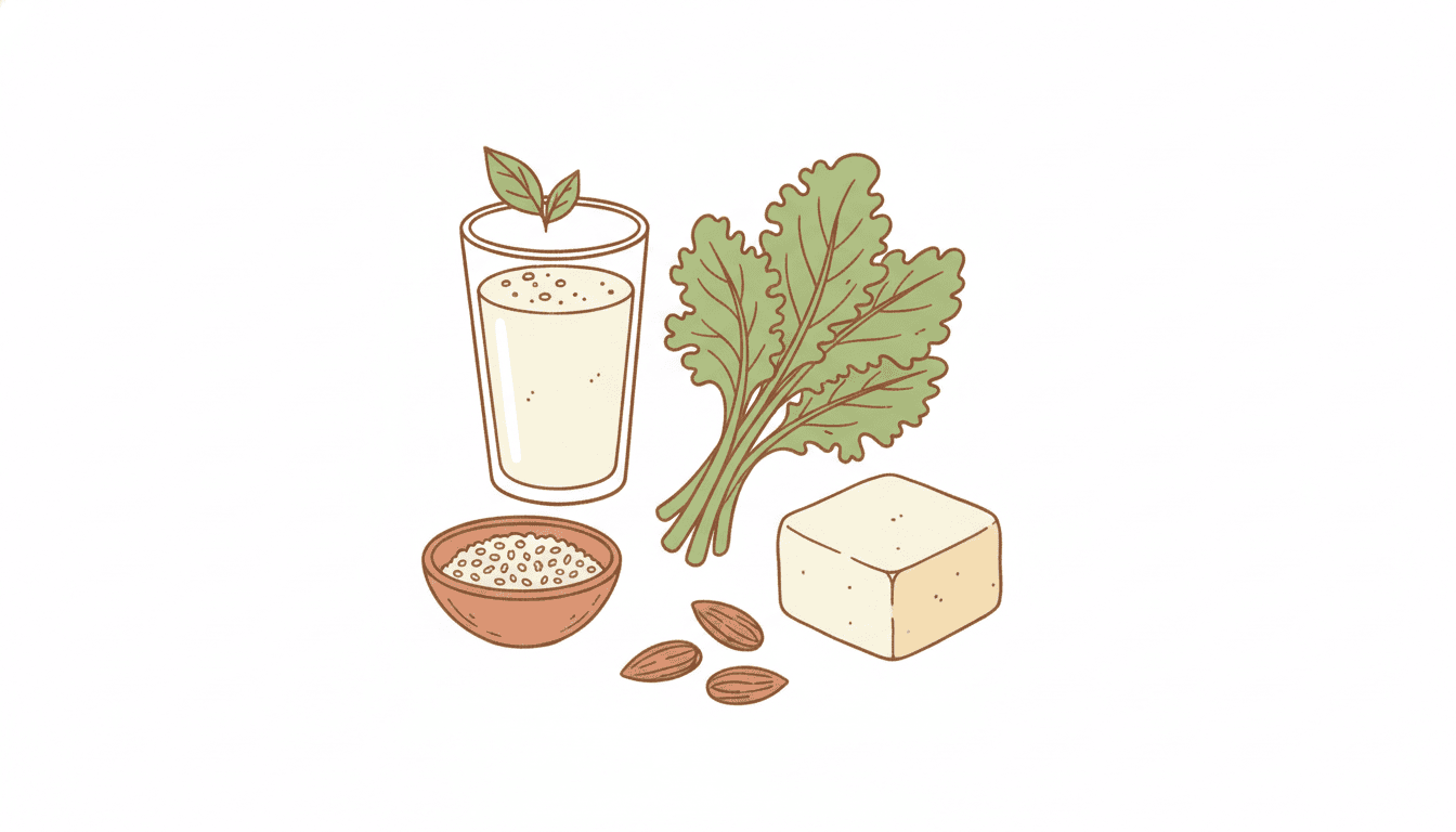 Illustration pflanzlicher Calciumquellen im Doodle-Stil
