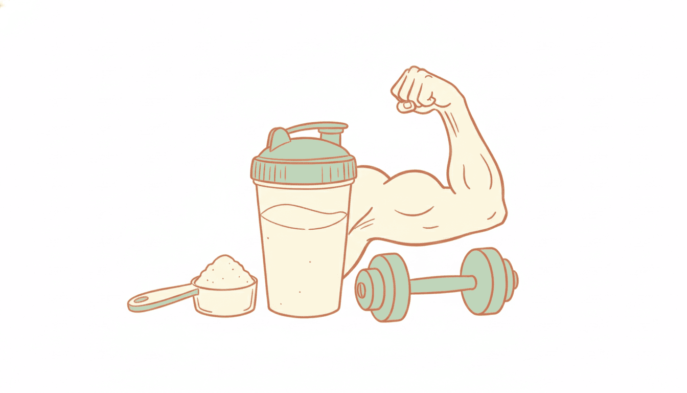 Illustration von Kreatinpulver, Shaker und Hantel im Doodle-Stil